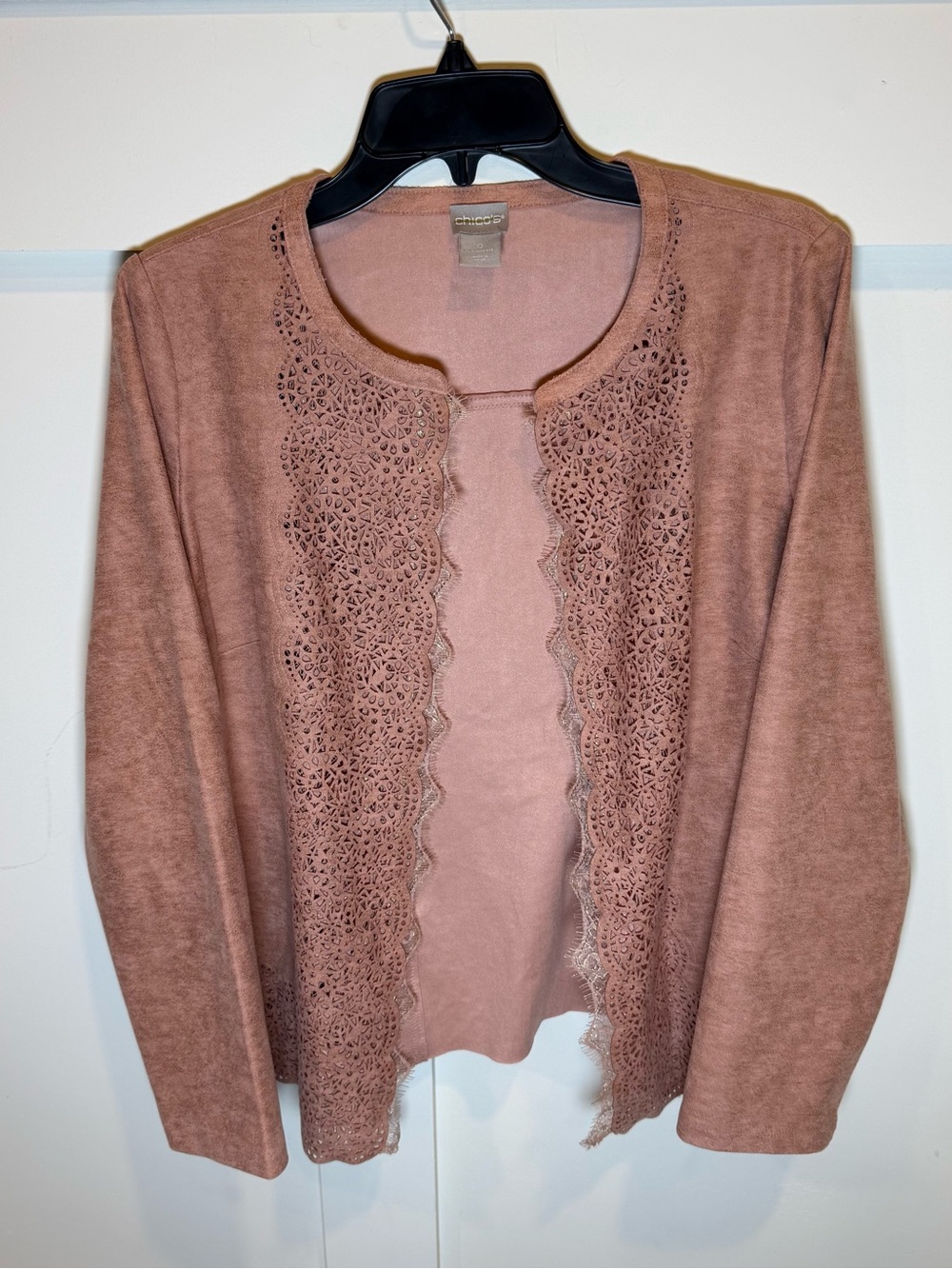 Chico's Pink Perforated Laser Cut Faux Suede Open Front Jacket w/ Lace Trim